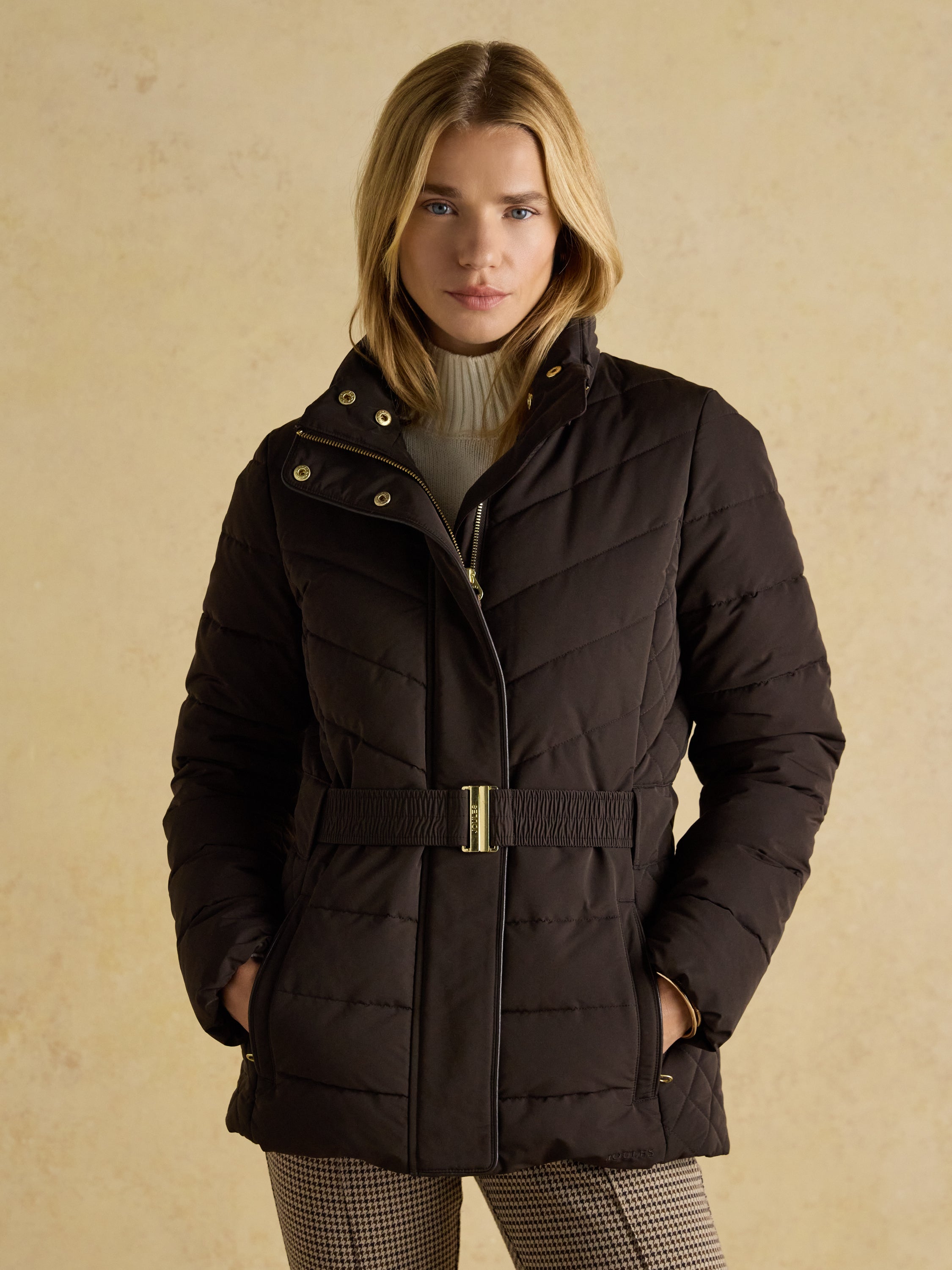 Joules Aspen Brown Showerproof Padded Coat with Faux Fur Hood