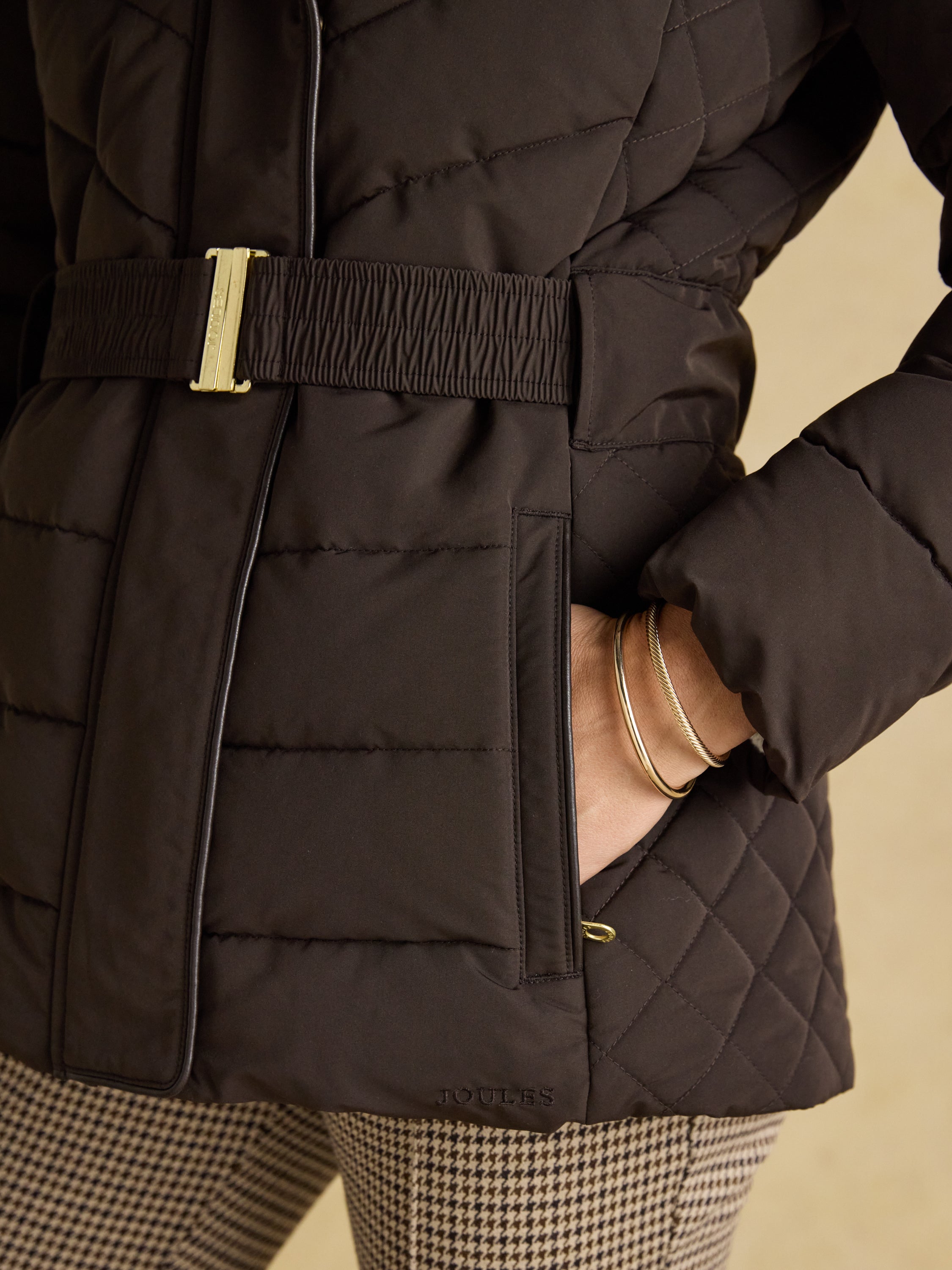 Joules Aspen Brown Showerproof Padded Coat with Faux Fur Hood