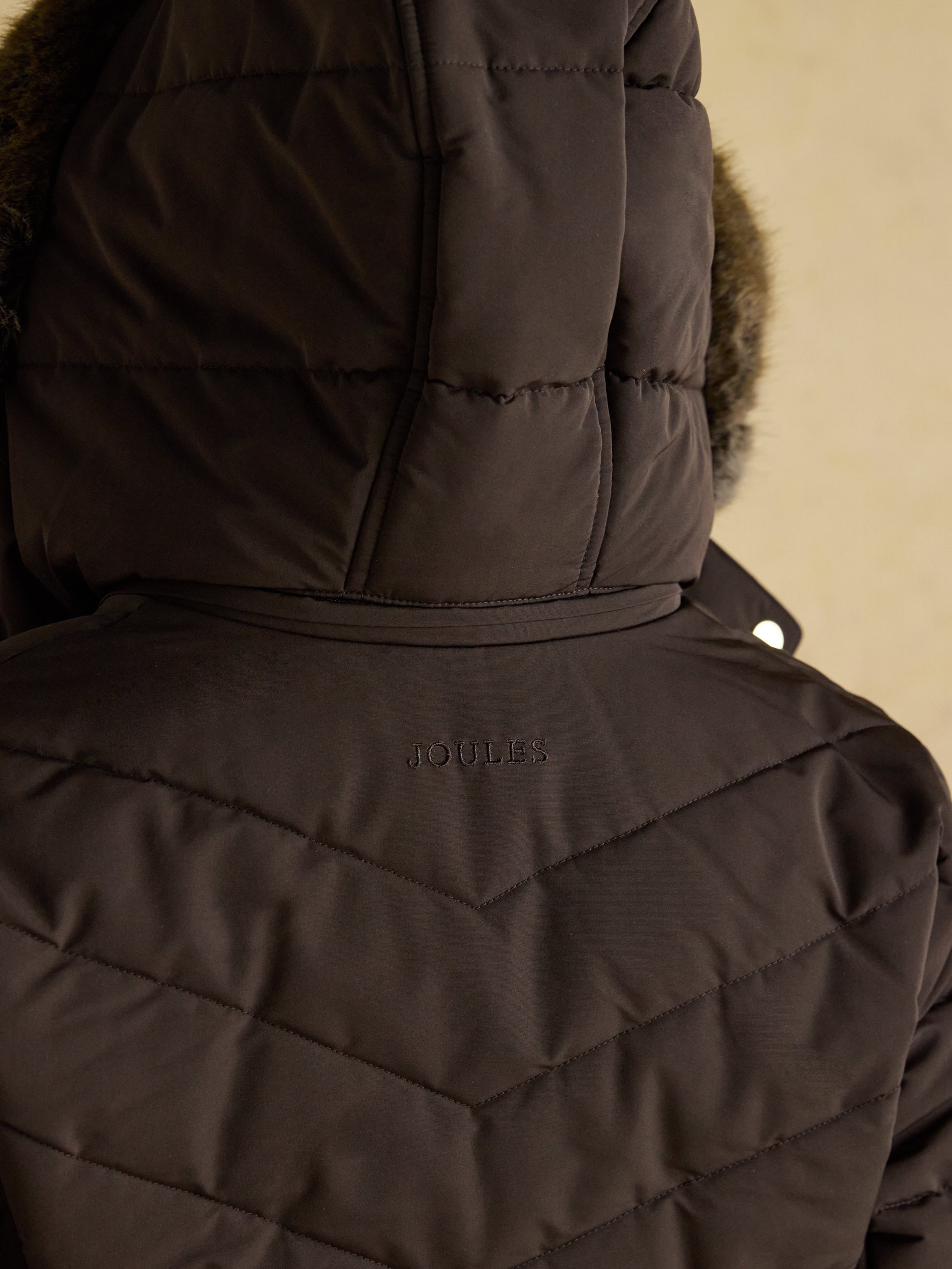 Joules Aspen Brown Showerproof Padded Coat with Faux Fur Hood