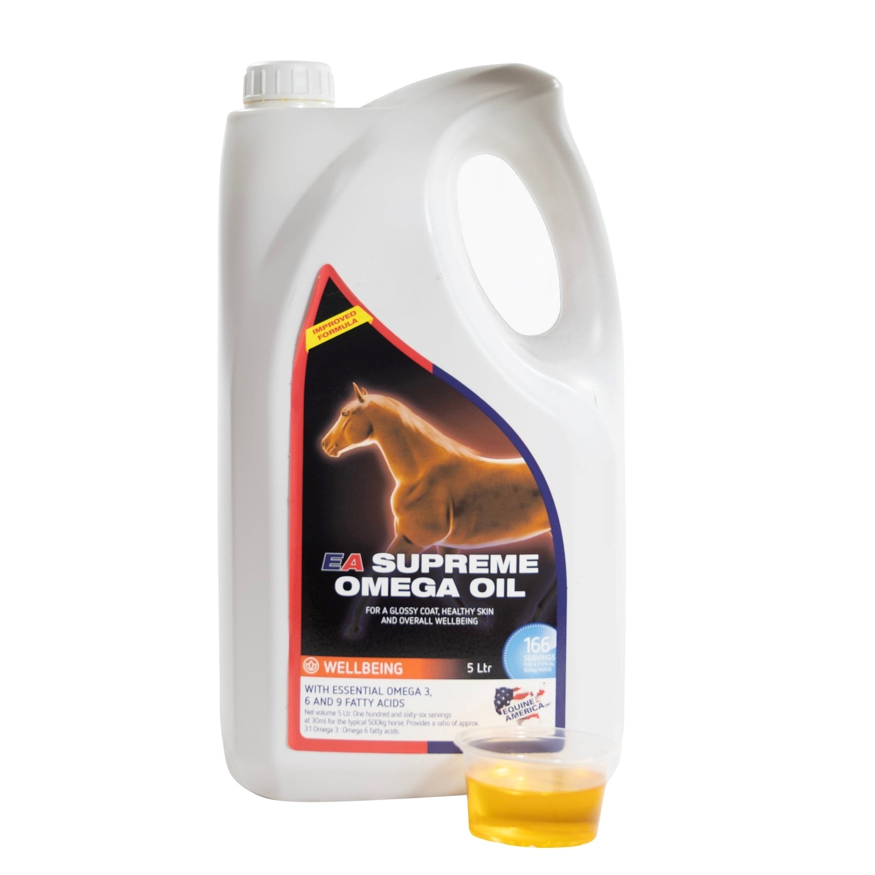 Equine America Supreme Omega Oil 5 Ltr jug with serving cup, horse coat & skin supplement.