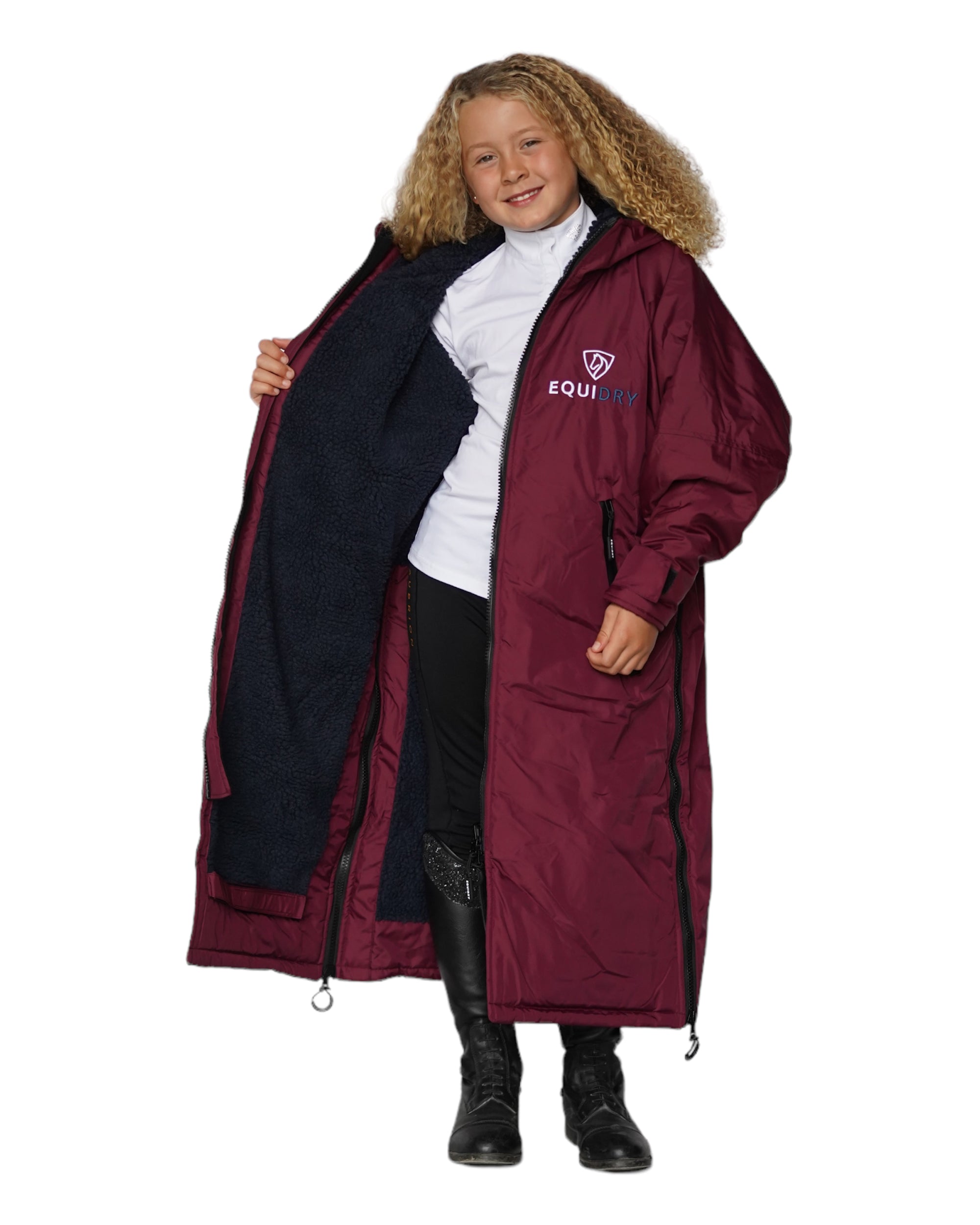 Equidry Equestrian Riding Coat: Girl in Plum Waterproof Insulated Winter Coat. Perfect for Horse Riding!
