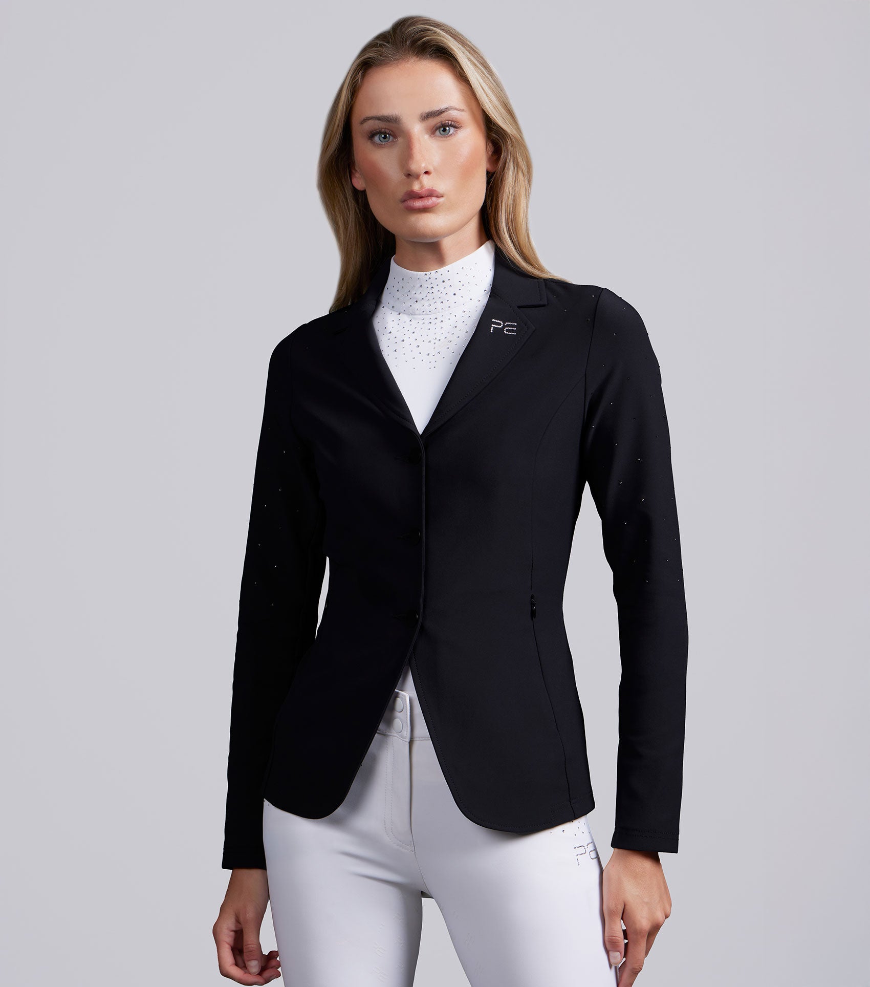 Women's black equestrian competition jacket with crystal details by Premier Equine