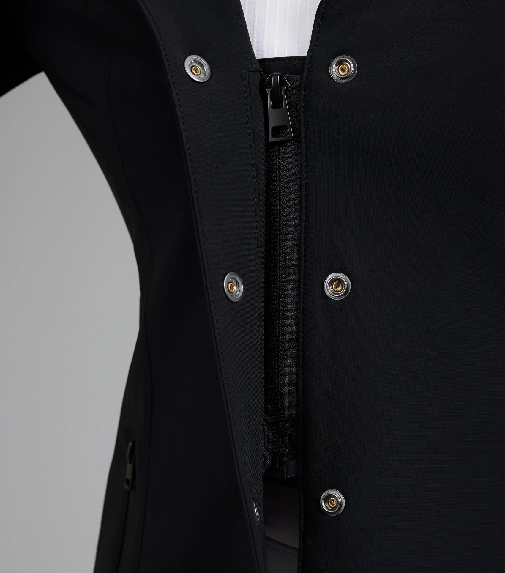 Black Ladies Competition Jacket close-up with zipper and press studs.