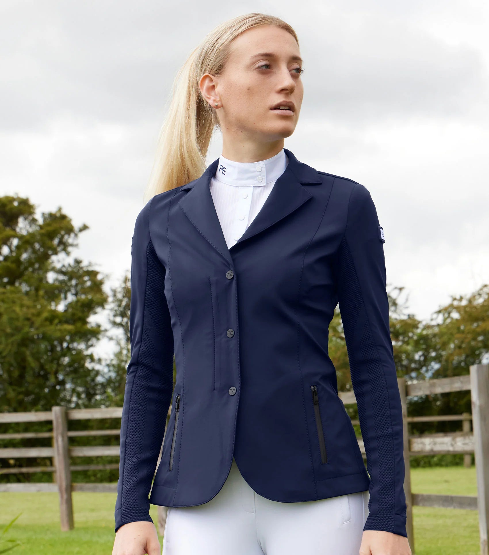 Premier Equine Quarto French Navy Ladies Equestrian Competition Jacket - Tailored Fit, Technical Knit, Equiflair