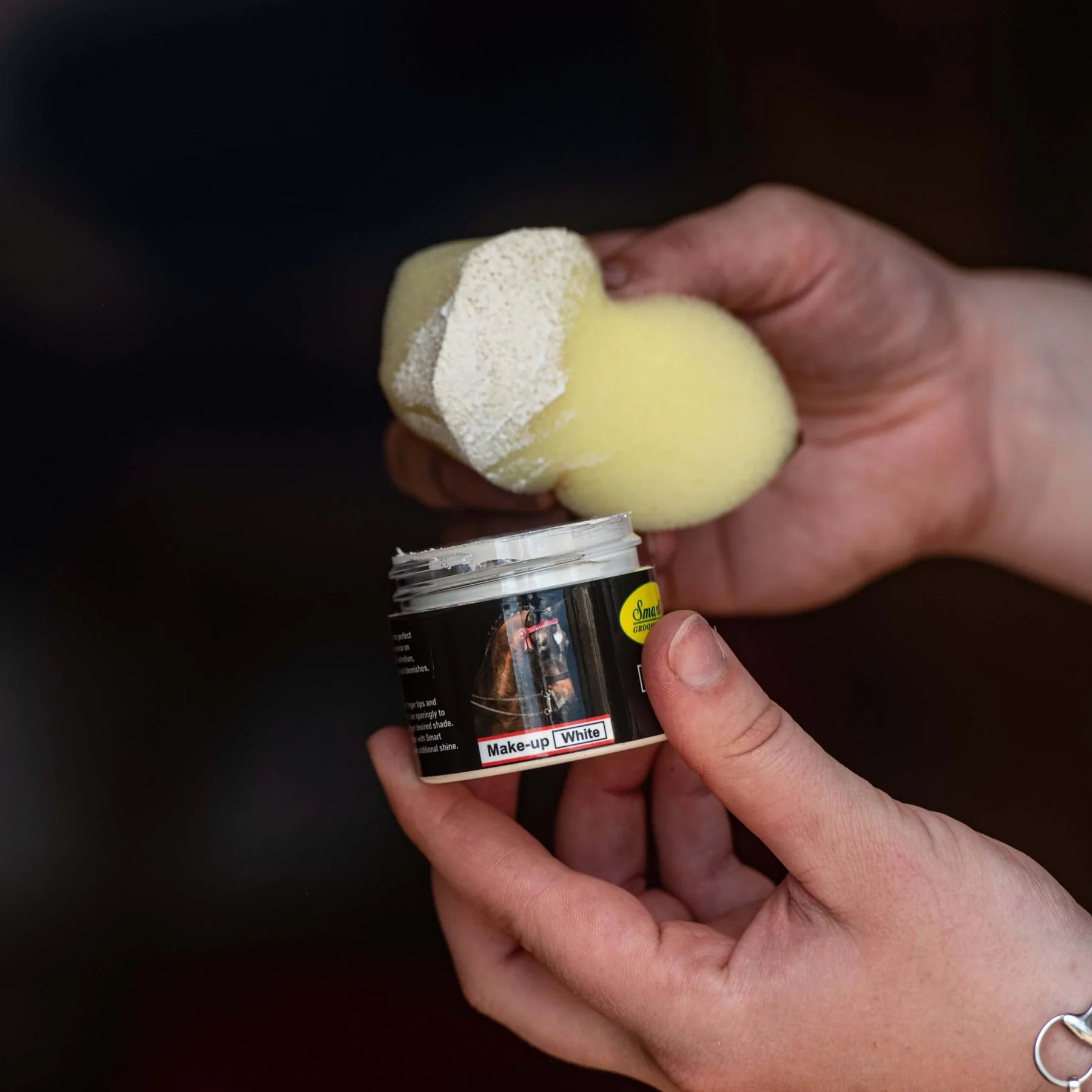 Smart Grooming Make Up White - applying on a sponge for horse grooming, blemishes concealer