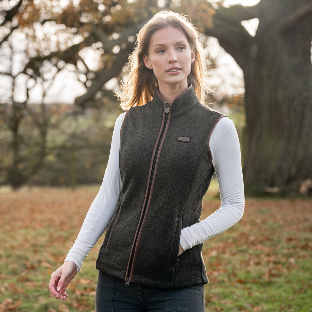 TOGGI Regent Women's Fleece Gilet - charcoal melange, zip-through, faux leather trim, country outdoor wear.