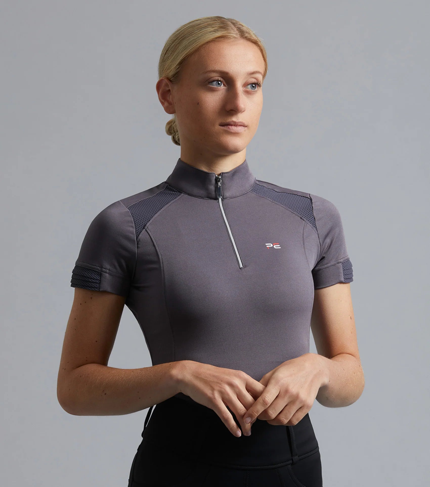 Premier Equine Remisa Ladies Riding Top - Anthracite Grey Short Sleeve Technical Shirt