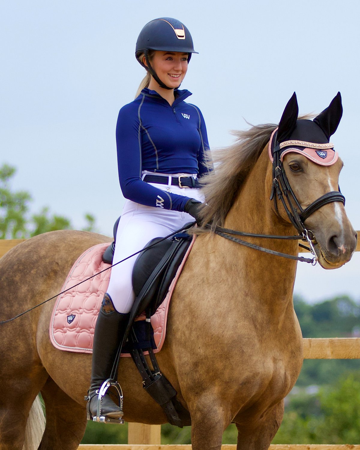 Woof Wear Vision Dressage Pad Rose Gold on Horseback | Equestrian Riding Equipment