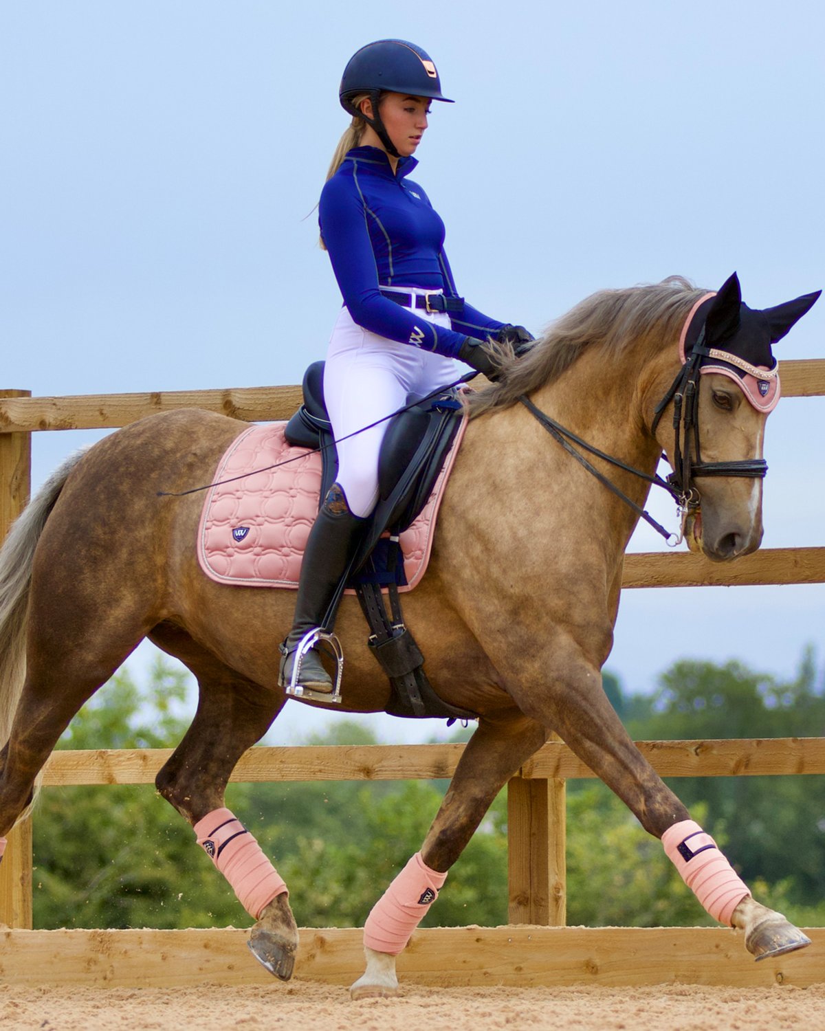 Horseback riding: Woof Wear Vision Dressage Pad Rose Gold. Pink saddle pad, horse, rider in blue top and white pants. #equestrian #dressage