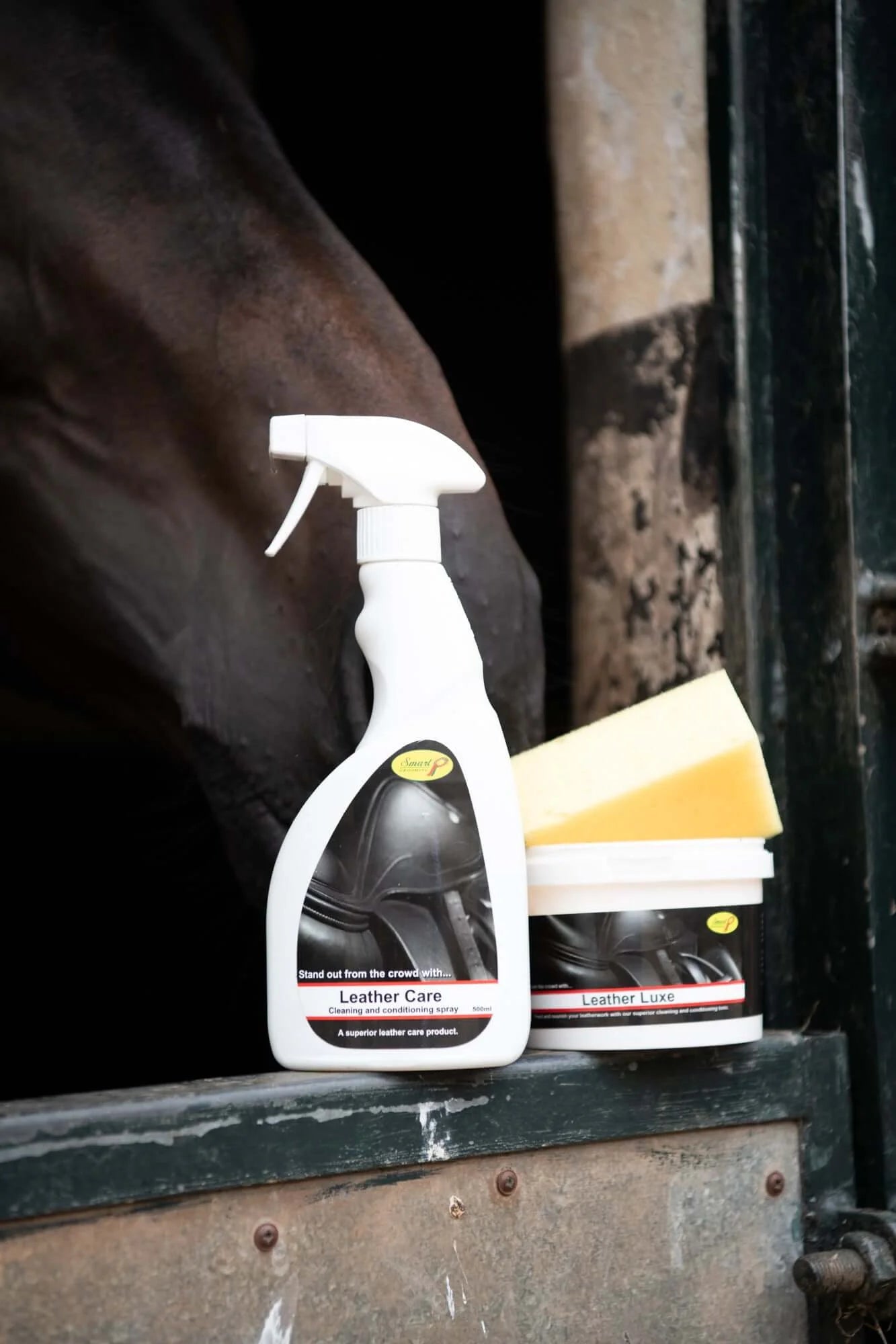 Smart Grooming Leather Care Products for Horses: Leather Care Spray & Leather Luxe, horse background.