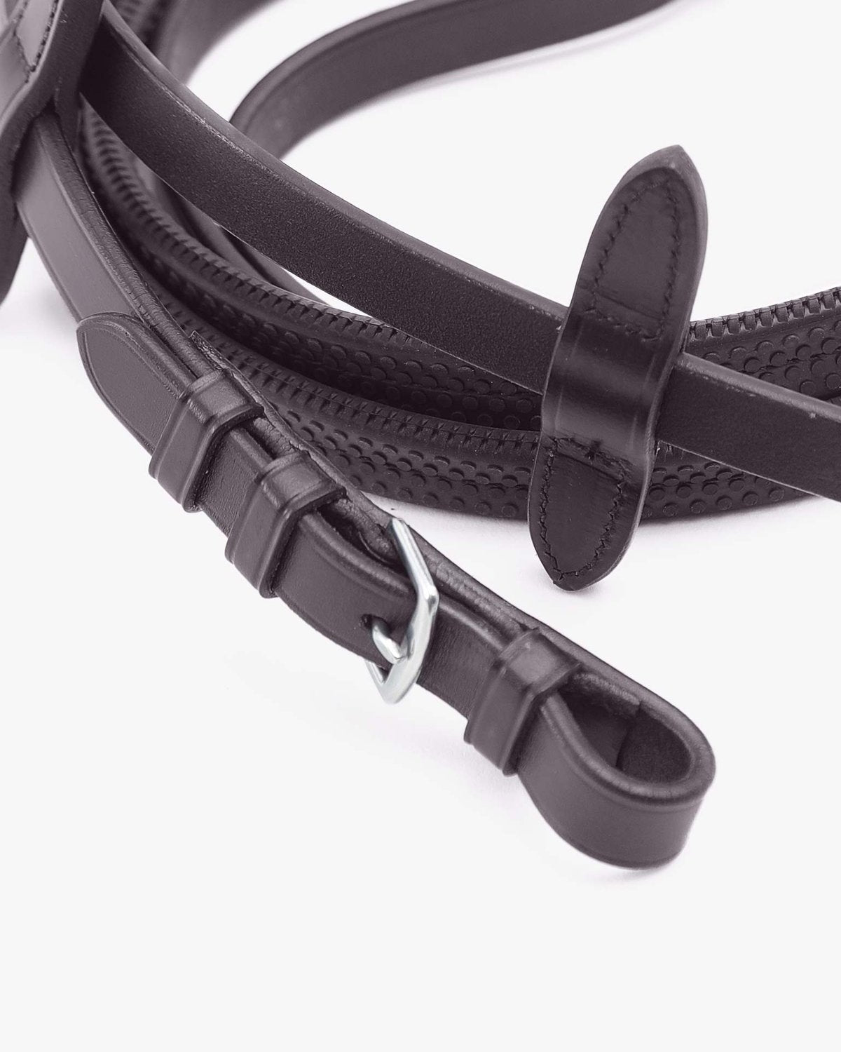 Premier Equine Stefano Brown Rubber Reins: Equestrian Leather with Grip, Martingale Stopper & Stainless Steel Buckle