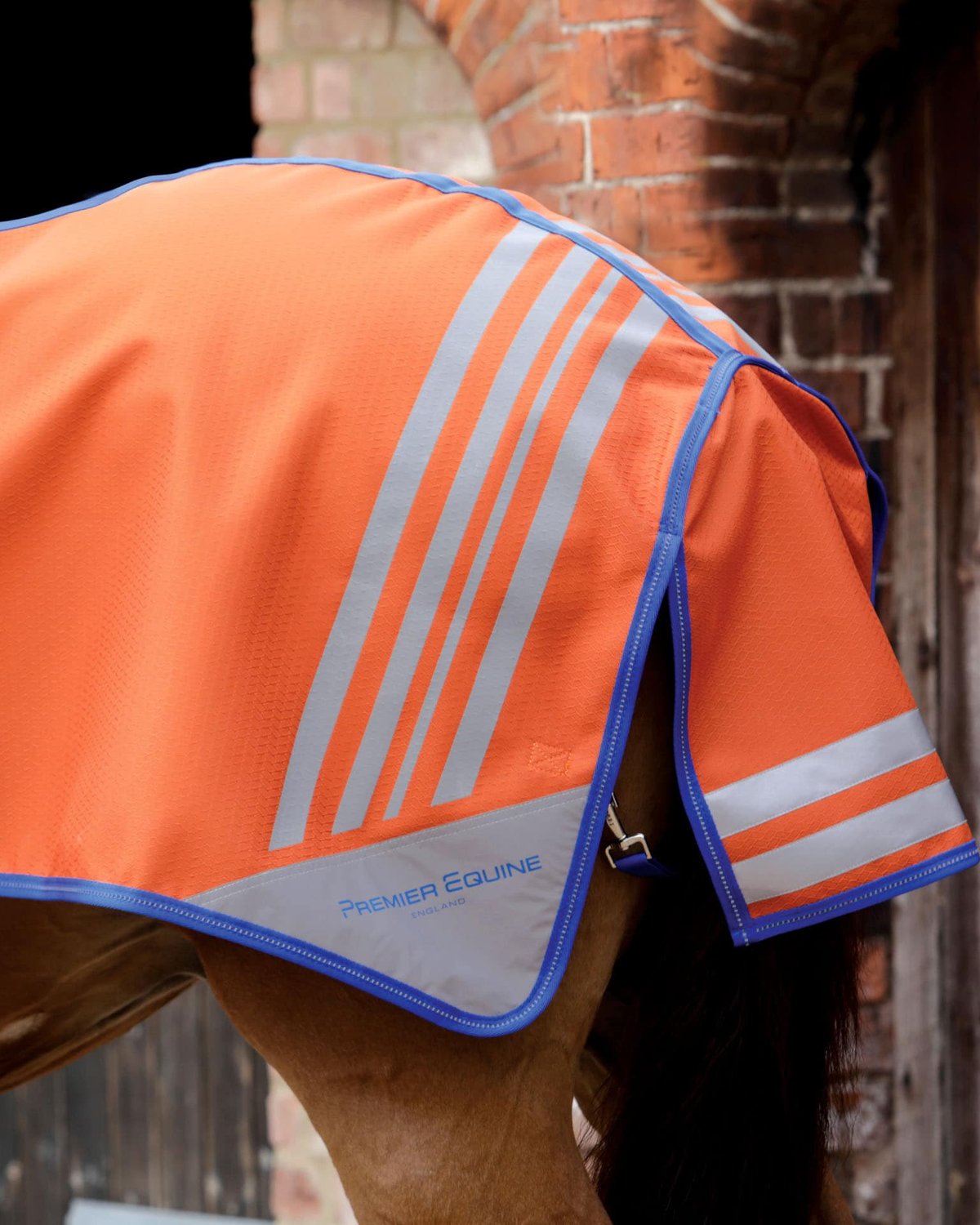 Premier Equine Orange Reflective Horse Exercise Sheet: Waterproof, High-Visibility for Safe Riding.