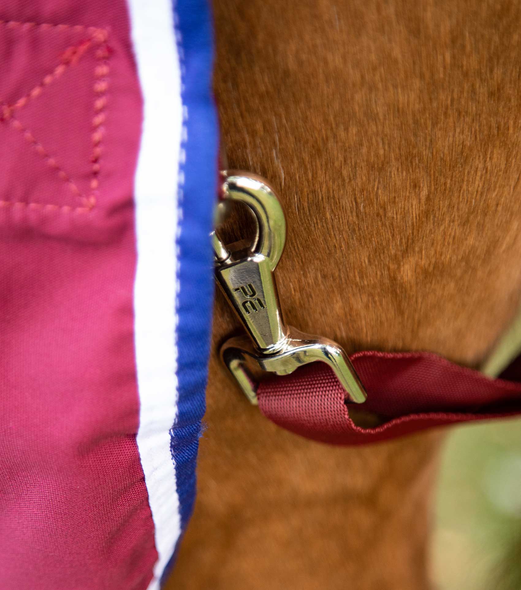 Premier Equine Stratus Horse Stable Sheet Burgundy Close-Up: Buckle Detail
