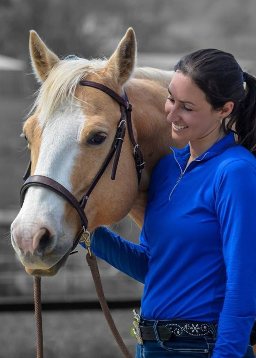 Woman with Palomino horse wearing Thinline bitless bridle from Equiflair. Equine love. Bitless riding. - Full