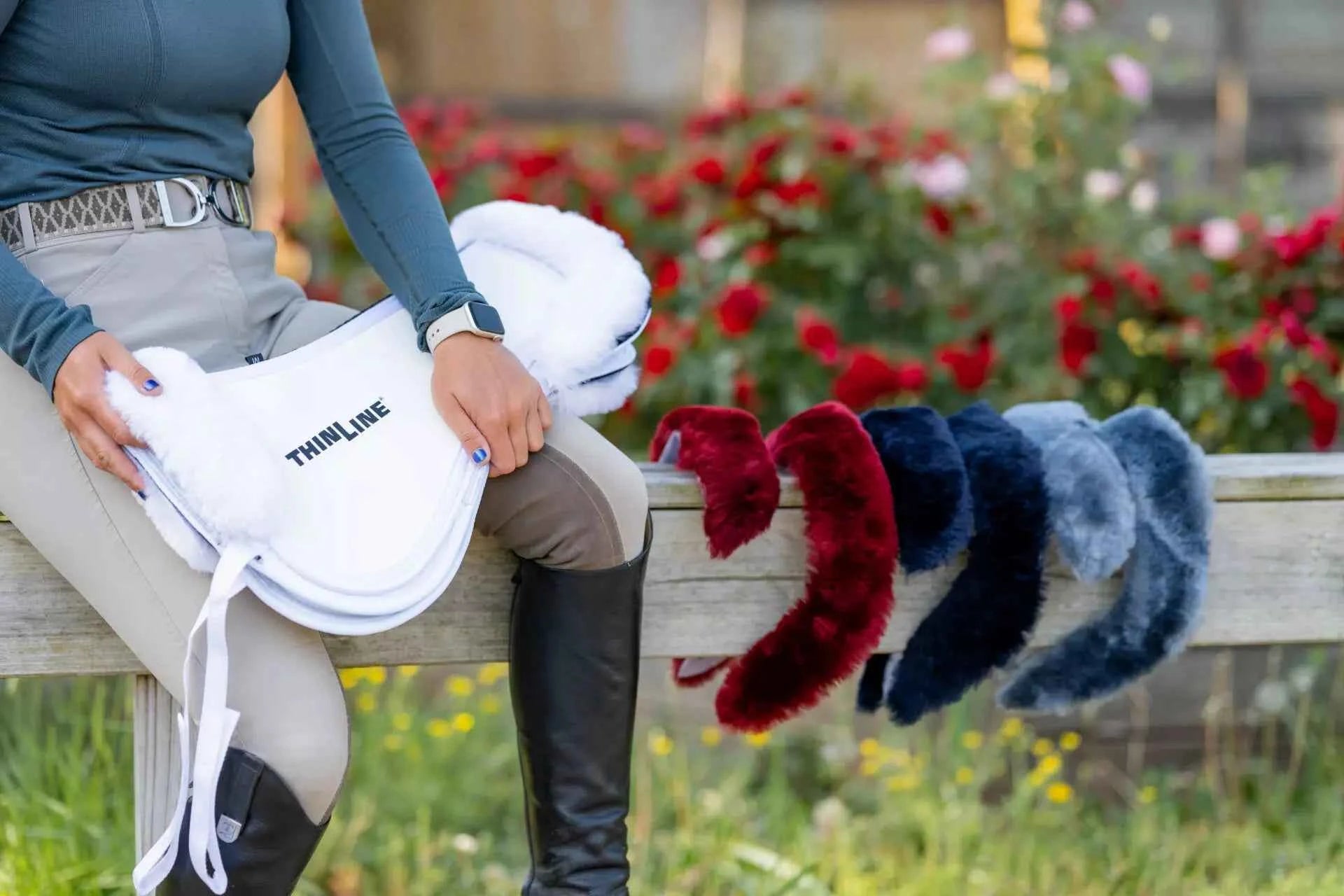 THINLINE Trifecta Expressions Half Pad: Equestrian horse tack with customizable Ruby, Sapphire, Platinum, White trims.