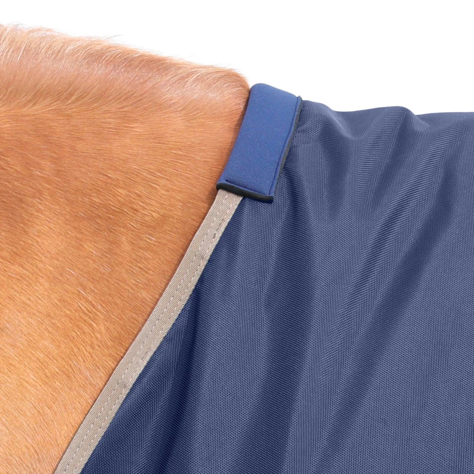 Close-up of Premier Equine Titan 100g Original Turnout Rug in Navy: waterproof, breathable horse rug detail.