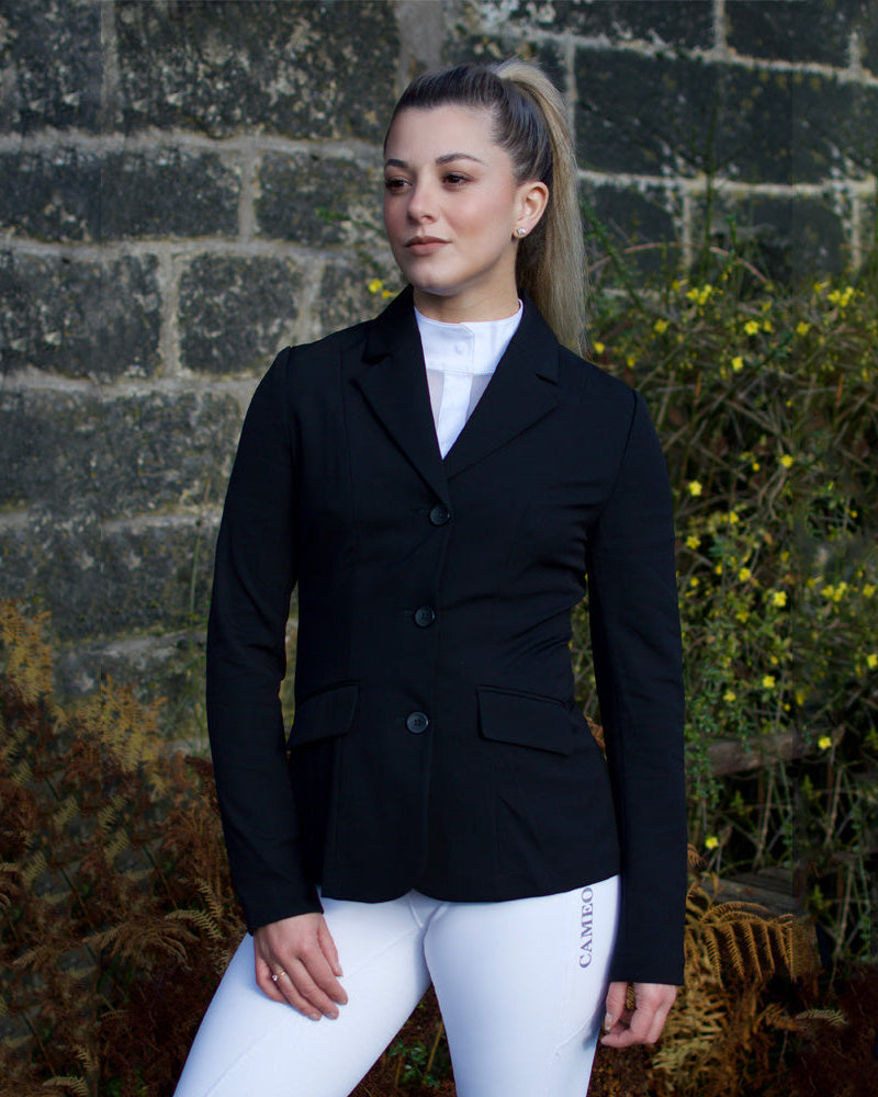 Cameo Ada Navy Equestrian Show Jacket: Fitted Riding Apparel for Competitions & Events. Structured, Comfortable & Stylish Jacket.