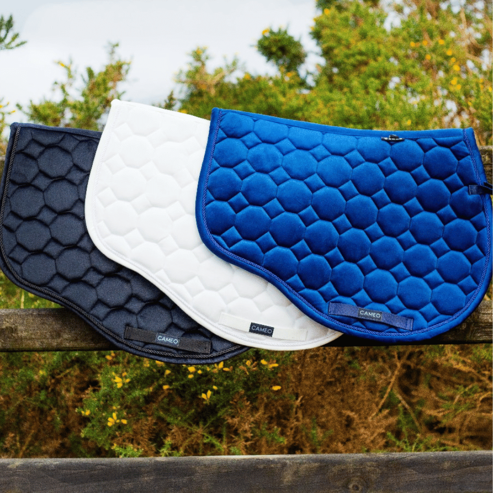 CAMEO GP/JUMP Saddlecloths in White, Blue & Black | Luxurious Horse Saddle Pads | Equiflair