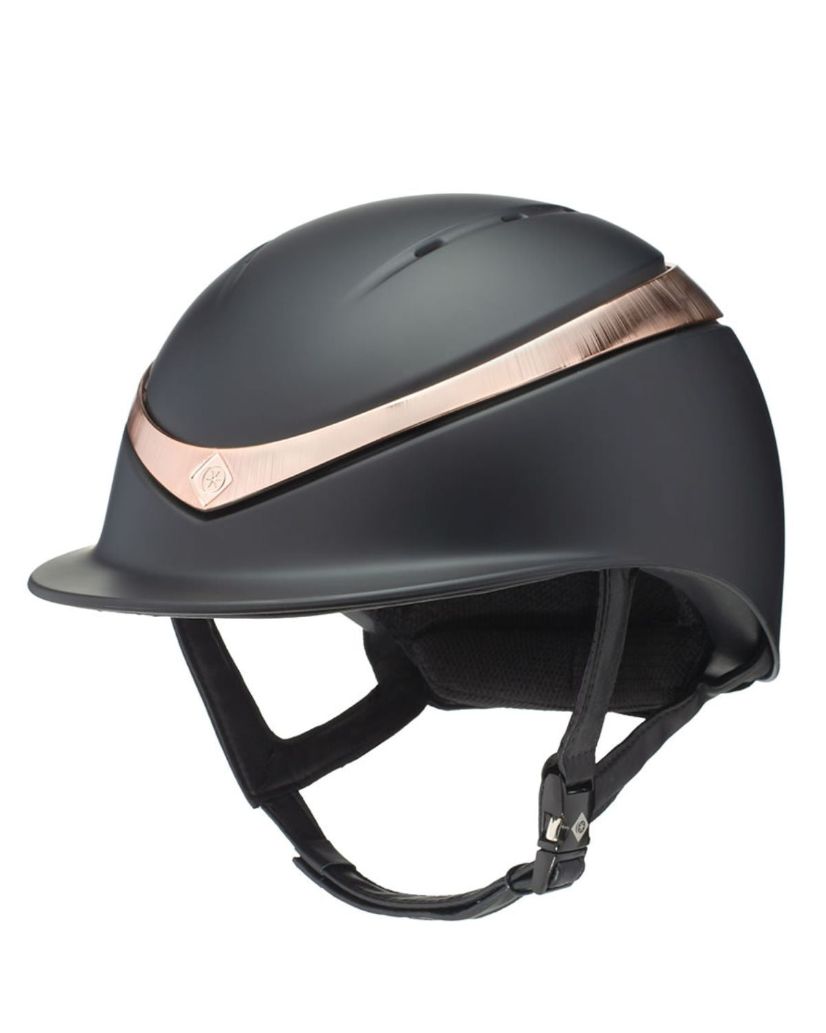 Charles Owen Halo Helmet - Black/Rose Gold Riding Helmet. Equestrian safety gear. Stylish horse riding apparel. Halo helmet for riders.