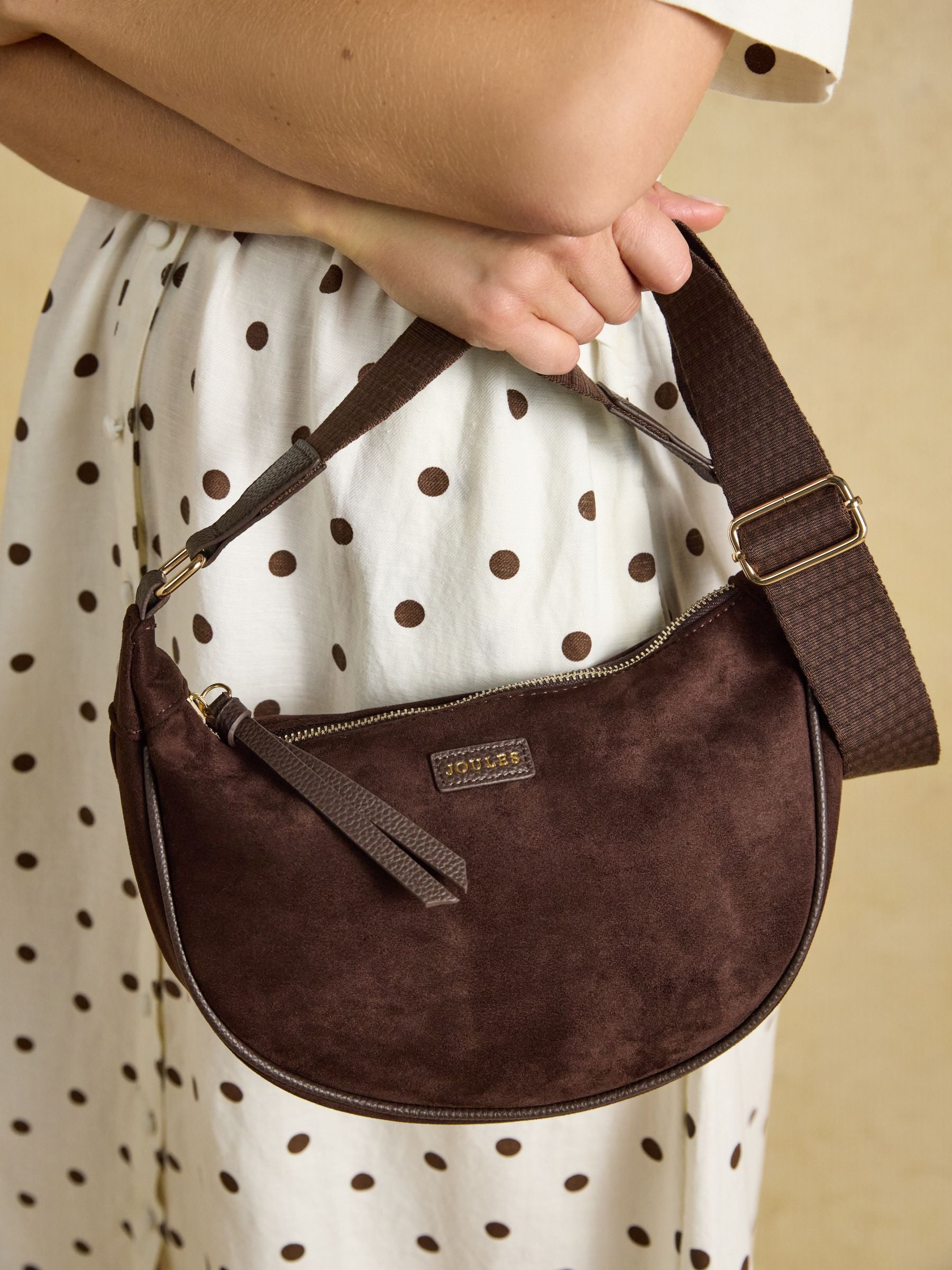 Joules brown suede moon crossbody bag for women - chic & versatile fashion accessory