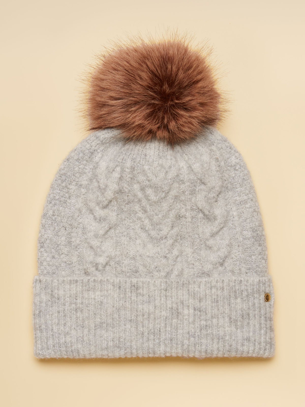 Joules Women's Grey Cable Knit Winter Hat with Faux Fur Bobble