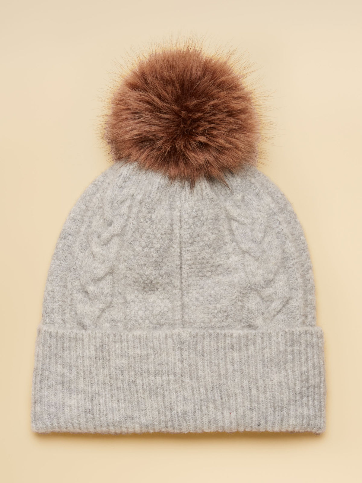 Women's Grey Cable Knit Winter Hat with Faux Fur Pom Pom by Joules