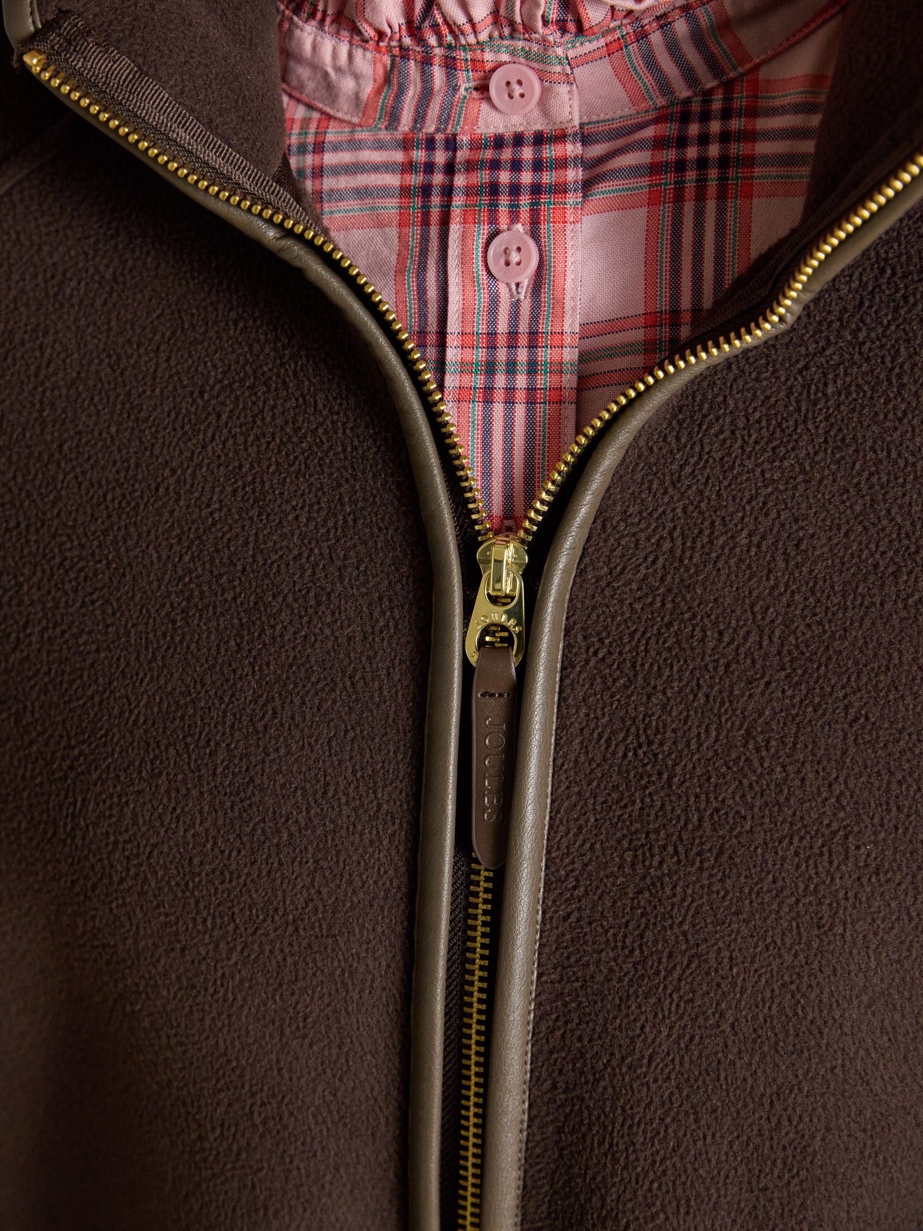Joules Heritage Chocolate Brown Longline Polar Fleece Cape with Plaid Lining & Zip
