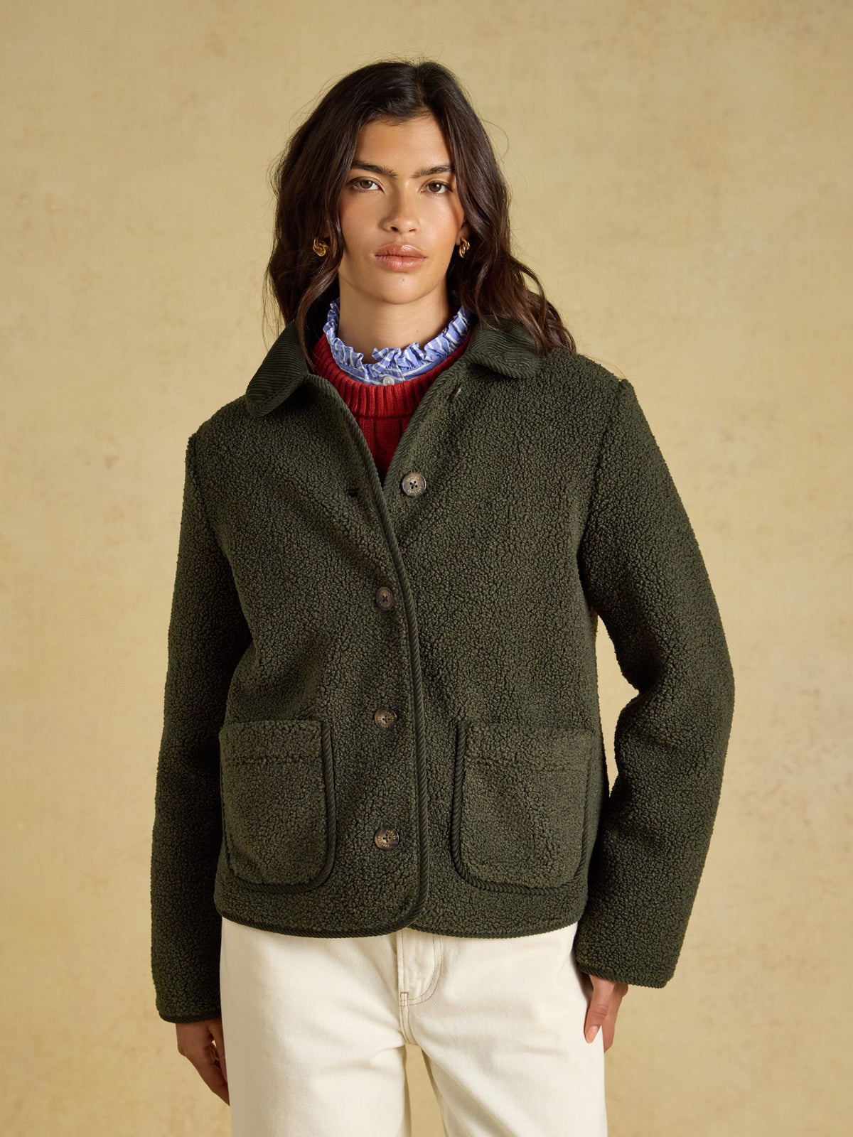 Joules Women's Sadie Khaki Green Recycled Polyester Fleece Jacket with Cord Collar