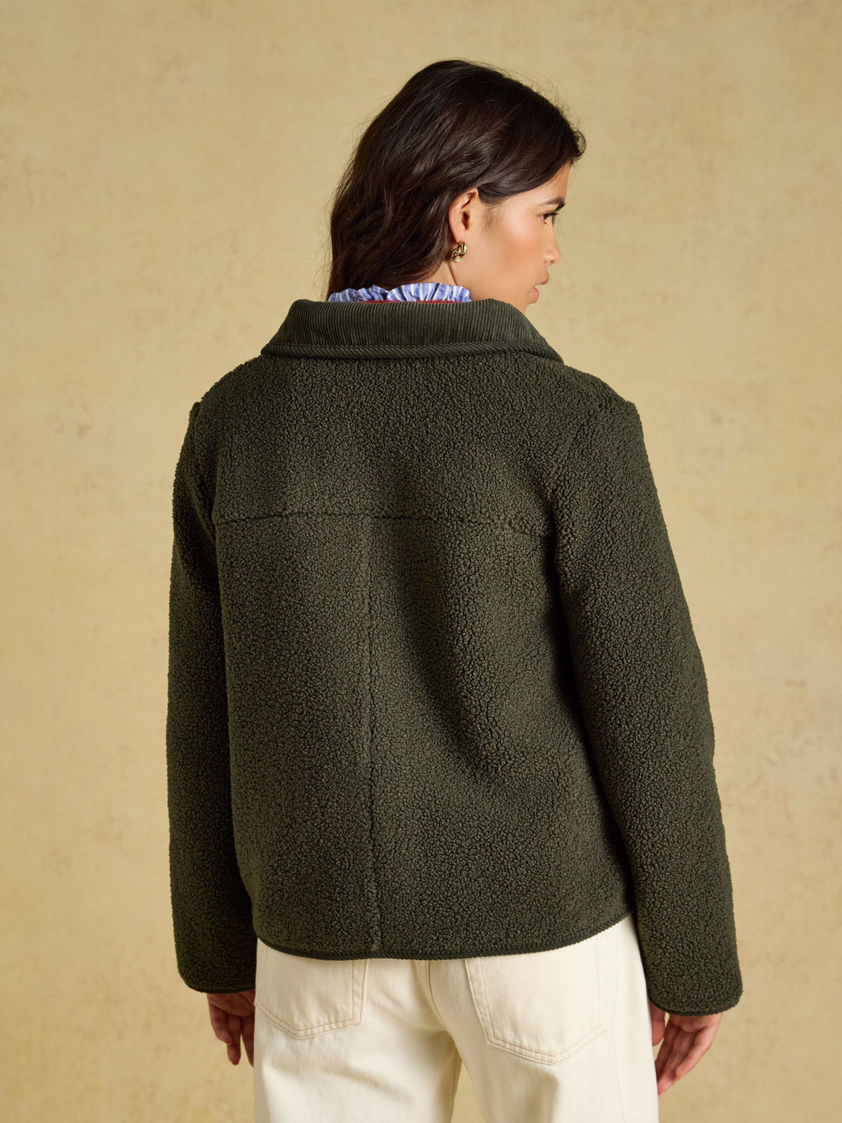 Joules Women's Sadie Khaki Green Button Through Fleece Jacket - Recycled Polyester