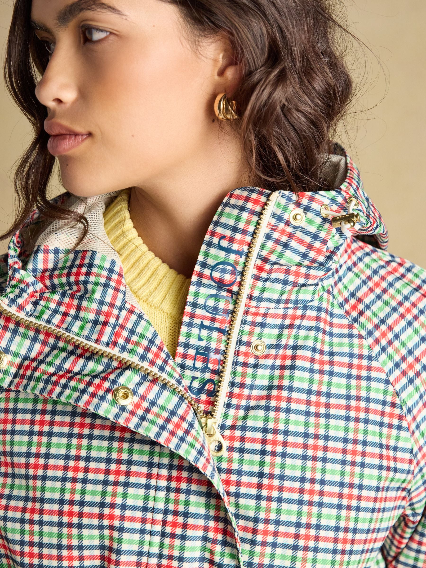 Joules Women's Eden Check Waterproof Packable Raincoat with Hood - Equiflair