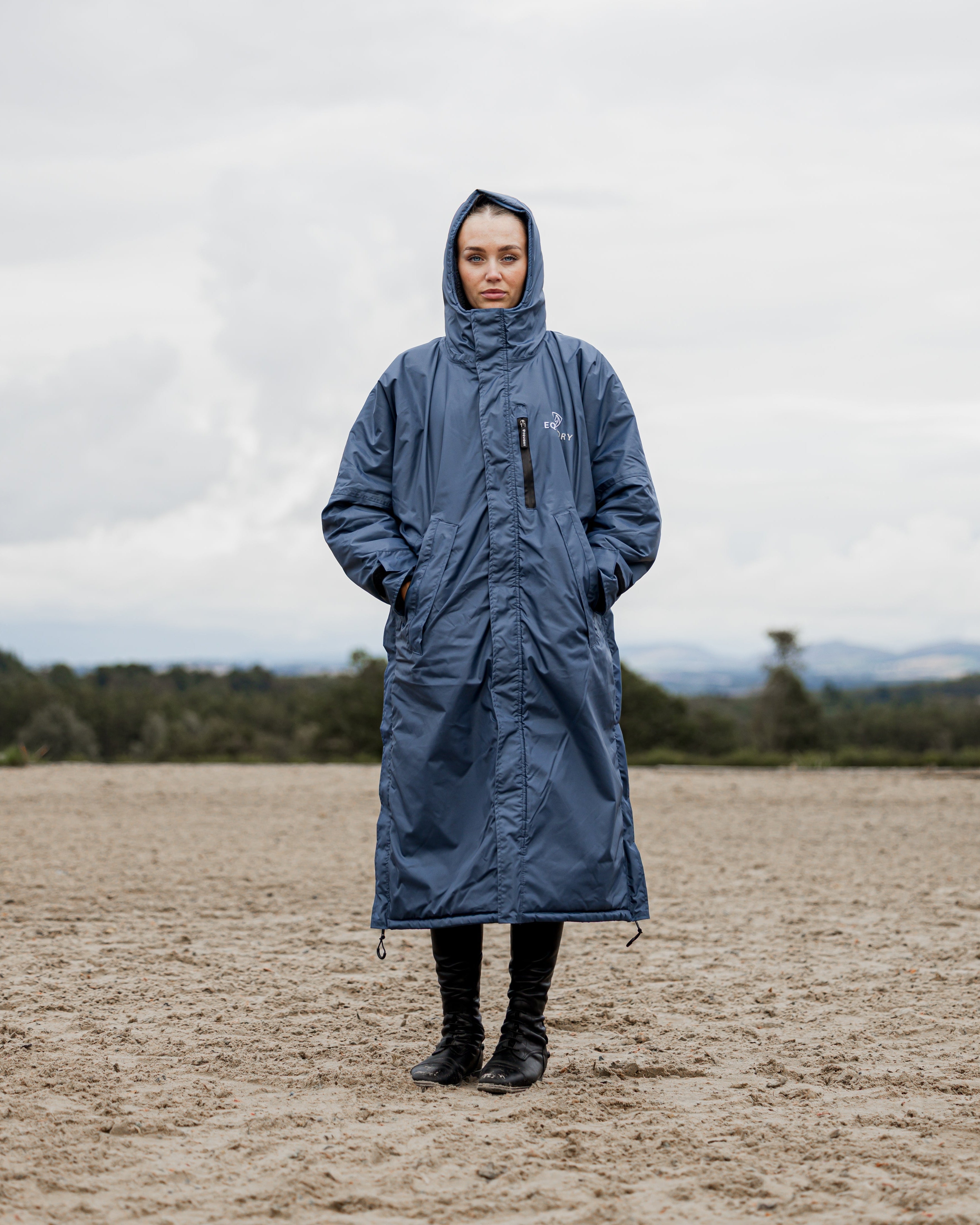EQUIDRY EVOLUTION Women's Steel Blue Fleece Coat - Model Wearing Full Length Waterproof Outerwear