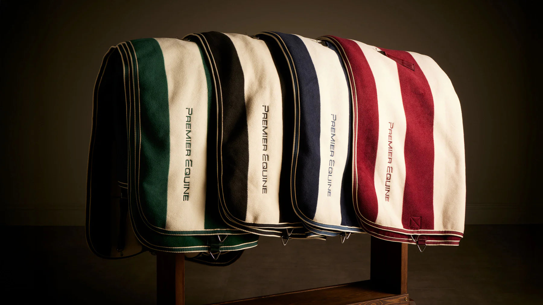 Premier Equine Striped Horse Blankets: Fleece Cooler Rugs in Green, Black, Navy, Red. Equestrian Stable Equipment.