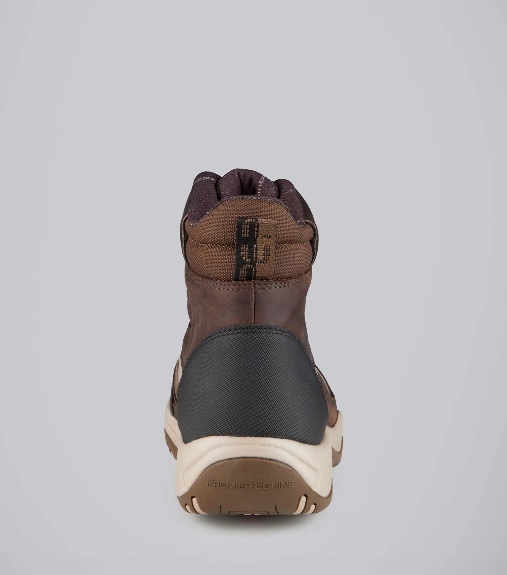 Back view of PREMIER EQUINE VINCI II waterproof zip front brown yard boots