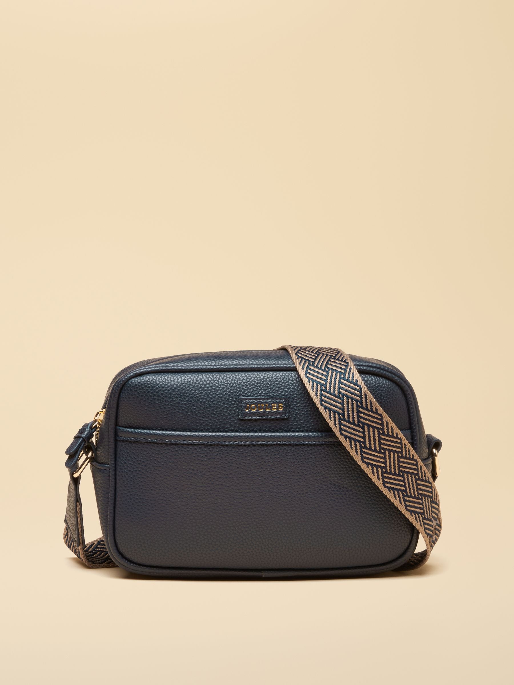 Joules Trent Navy Faux Leather Cross Body Bag with Adjustable Webbing Strap and Gold Hardware