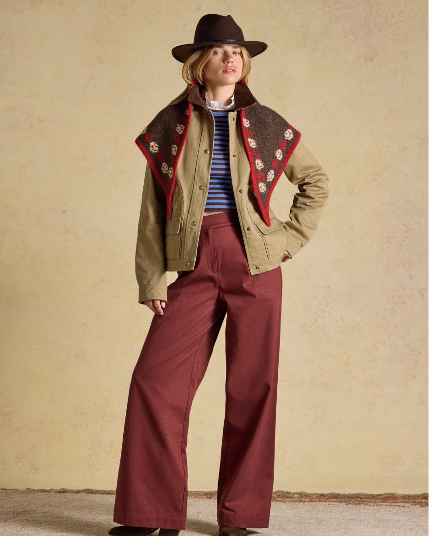 Joules Women's Barn Jacket in Tan Brown with cord collar and Western-inspired embroidery.