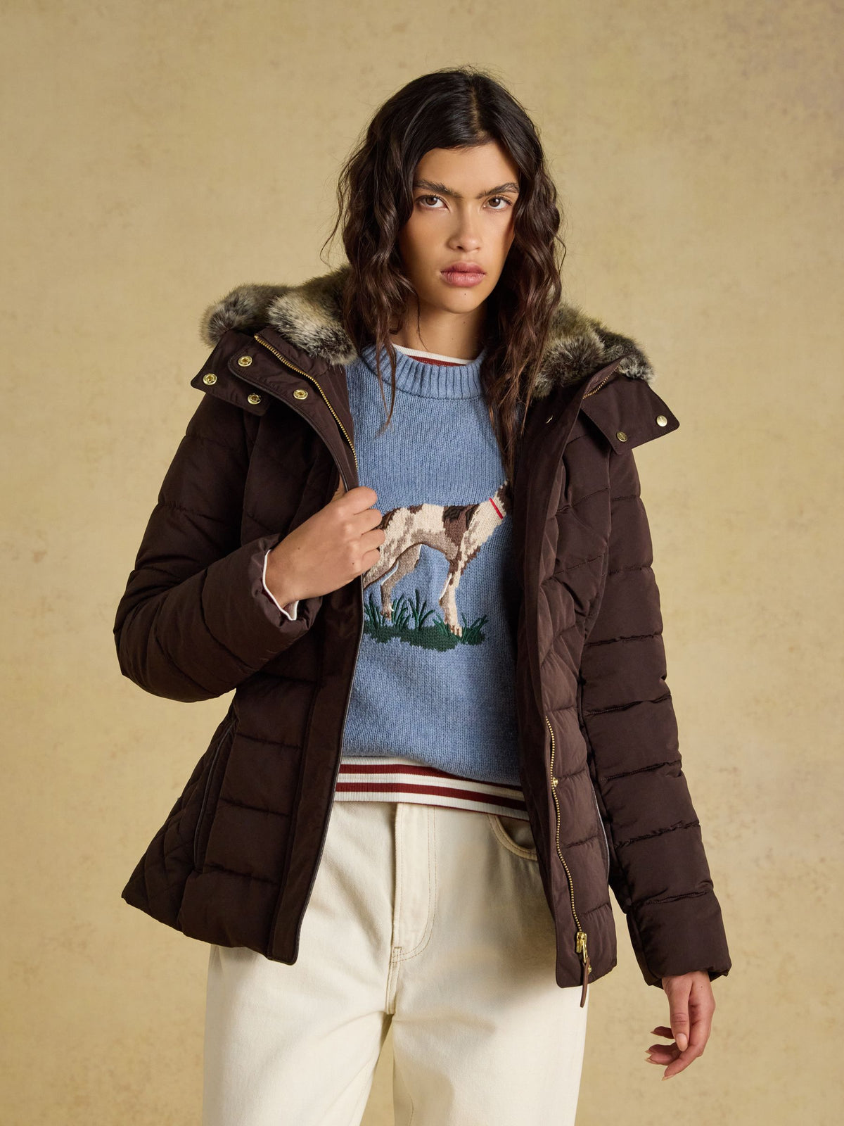 Women's chocolate brown Joules Aspen showerproof padded puffer coat with fur trim hood and dog print sweater.