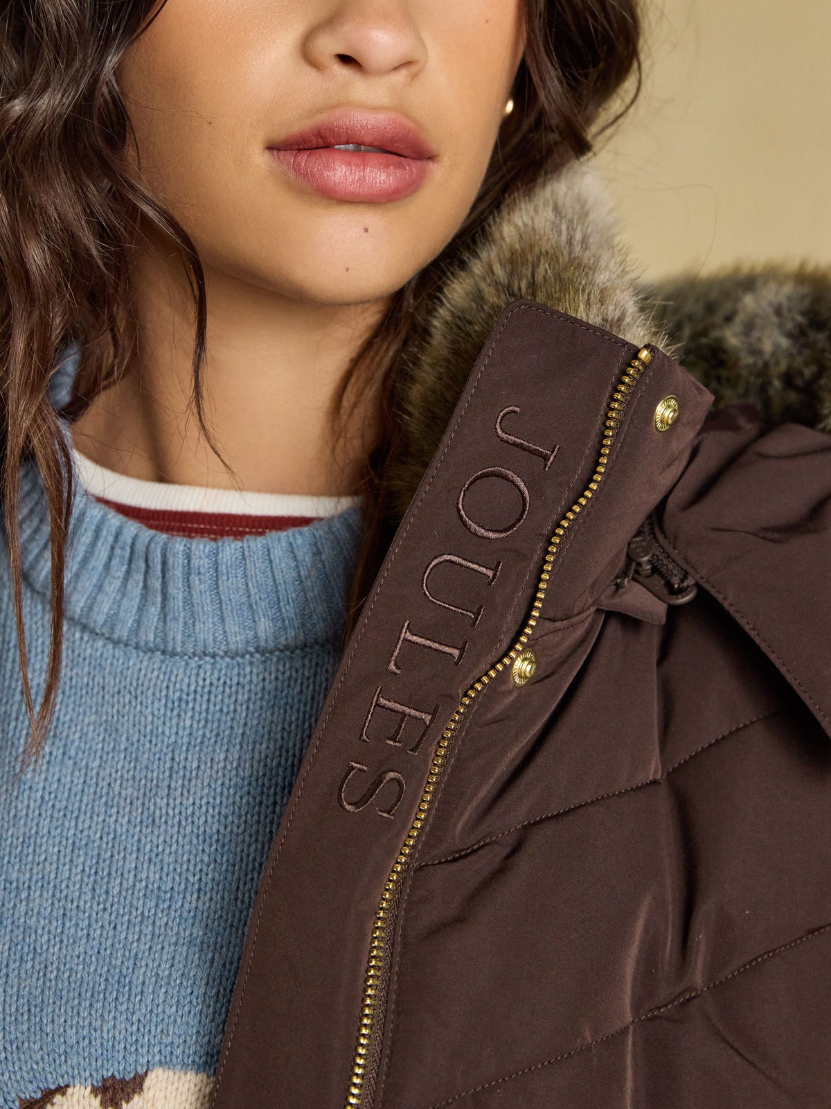 Women's Joules chocolate brown quilted padded coat with fur trim hood