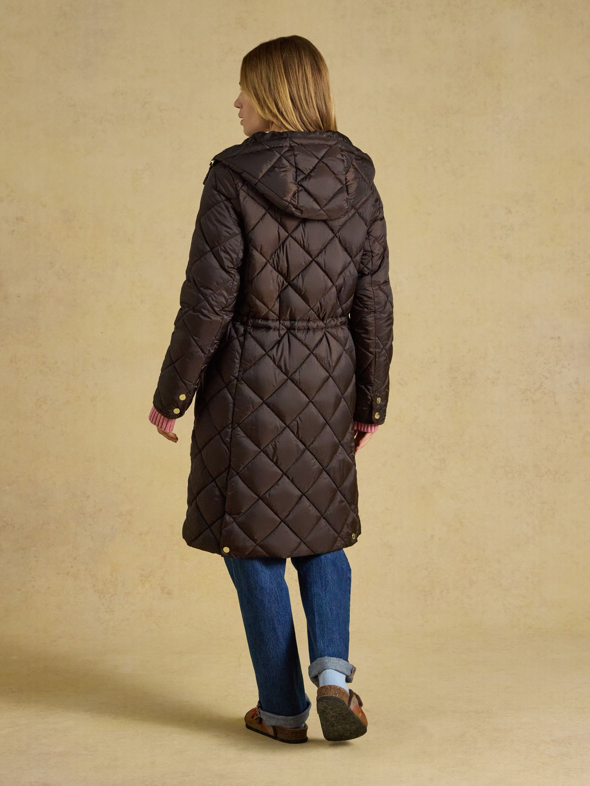 Joules Women's Chessington Chocolate Brown Quilted Longline Hooded Showerproof Coat