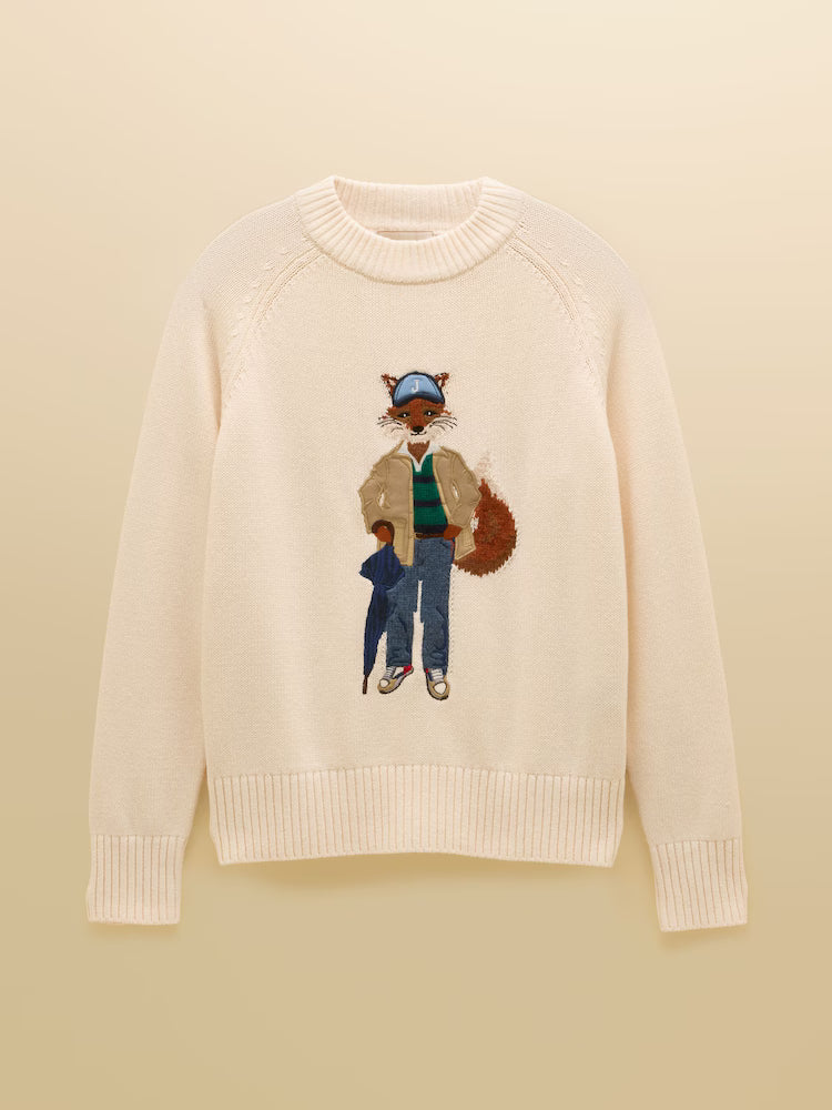 Joules April Showers Cream Jonty Fox Embroidered Cotton-Rich Crew Neck Jumper