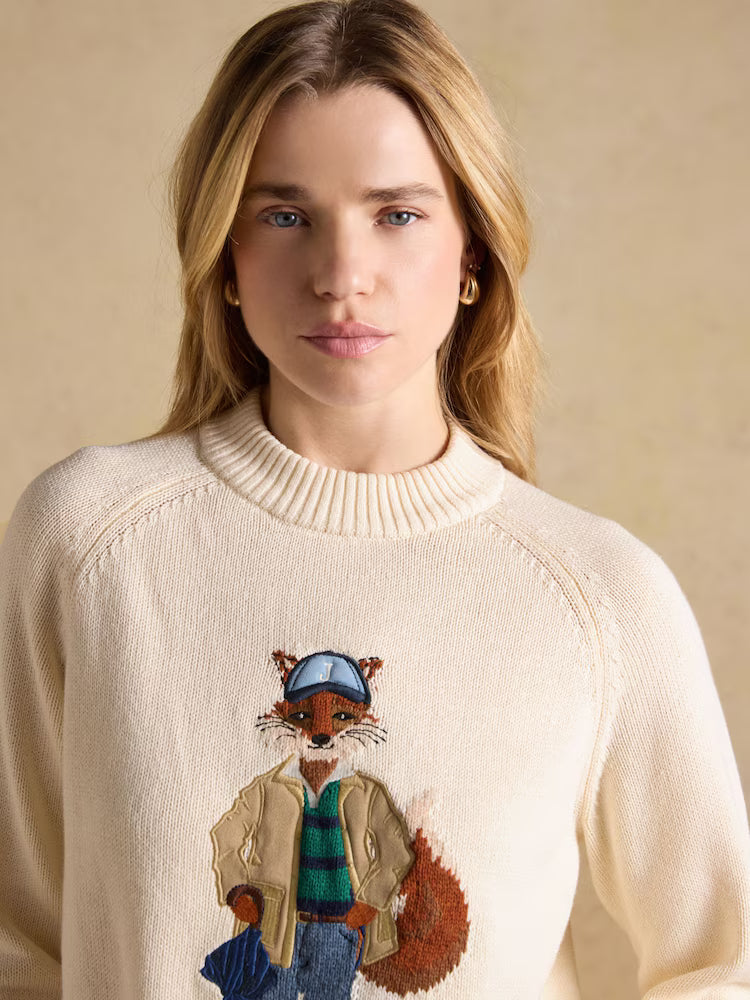 Joules April Showers Cream Jonty Fox Embroidered Cotton-Rich Crew Neck Jumper