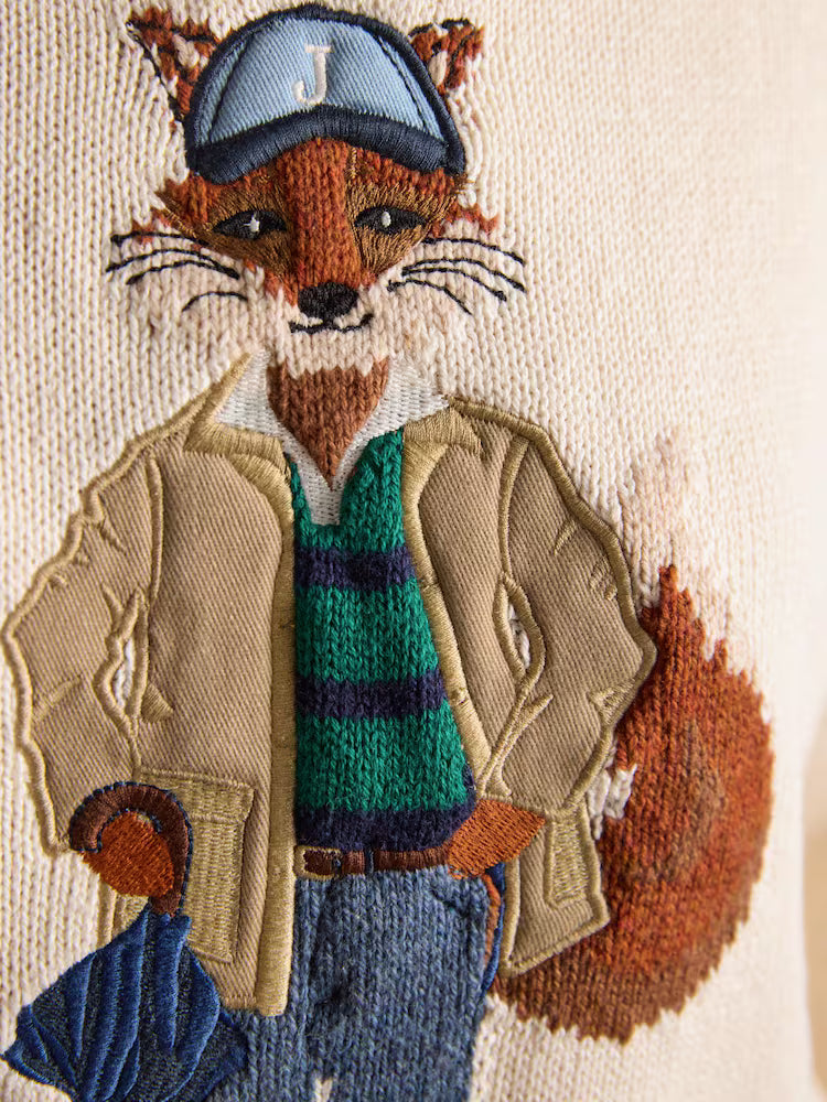 Joules April Showers Cream Jonty Fox Embroidered Cotton-Rich Crew Neck Jumper