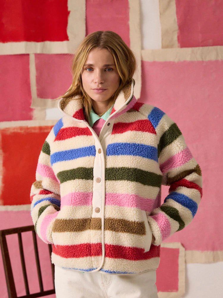 Joules Cream Multi Bright Striped Borg Fleece Jacket | Equiflair