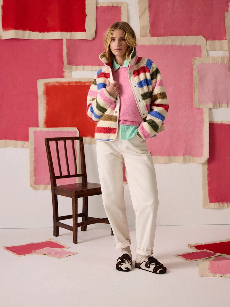 Joules Cream Multi Bright Striped Borg Fleece Jacket | Equiflair