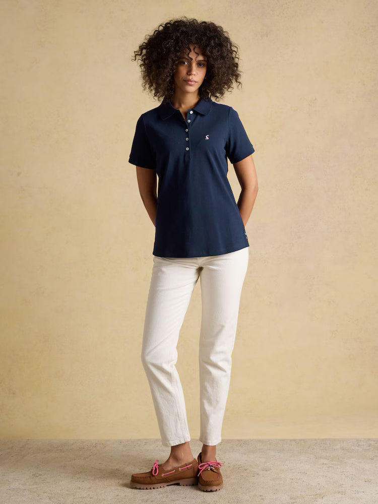 JOULES Woody Navy Polo Shirt: Cotton Pique, Short Sleeve Women's Top at Equiflair. Classic Navy Polo with Joules Hare Embroidery