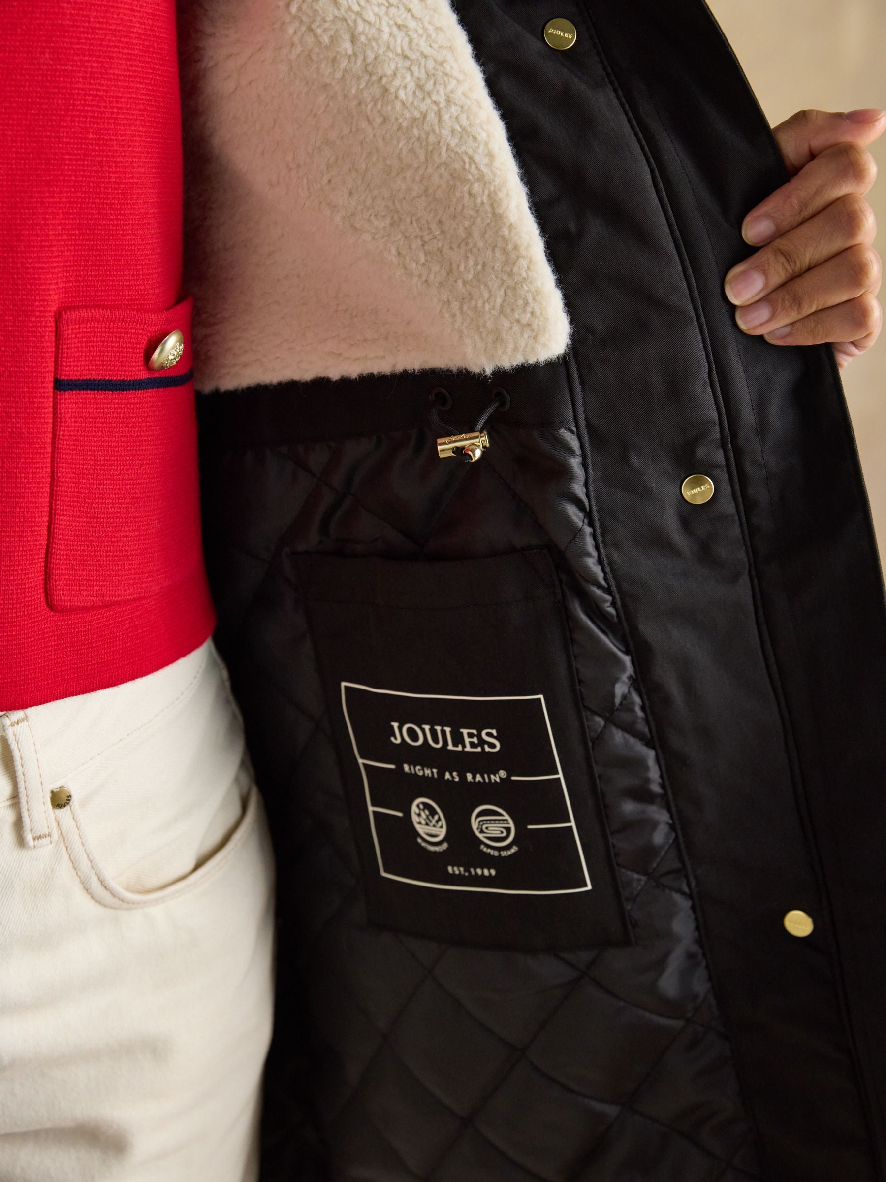Joules Portwell black fleece-lined waterproof raincoat with hood | Equiflair