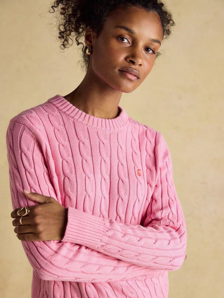Joules Classic Cable Pink Cotton Crew Neck Jumper | Equiflair