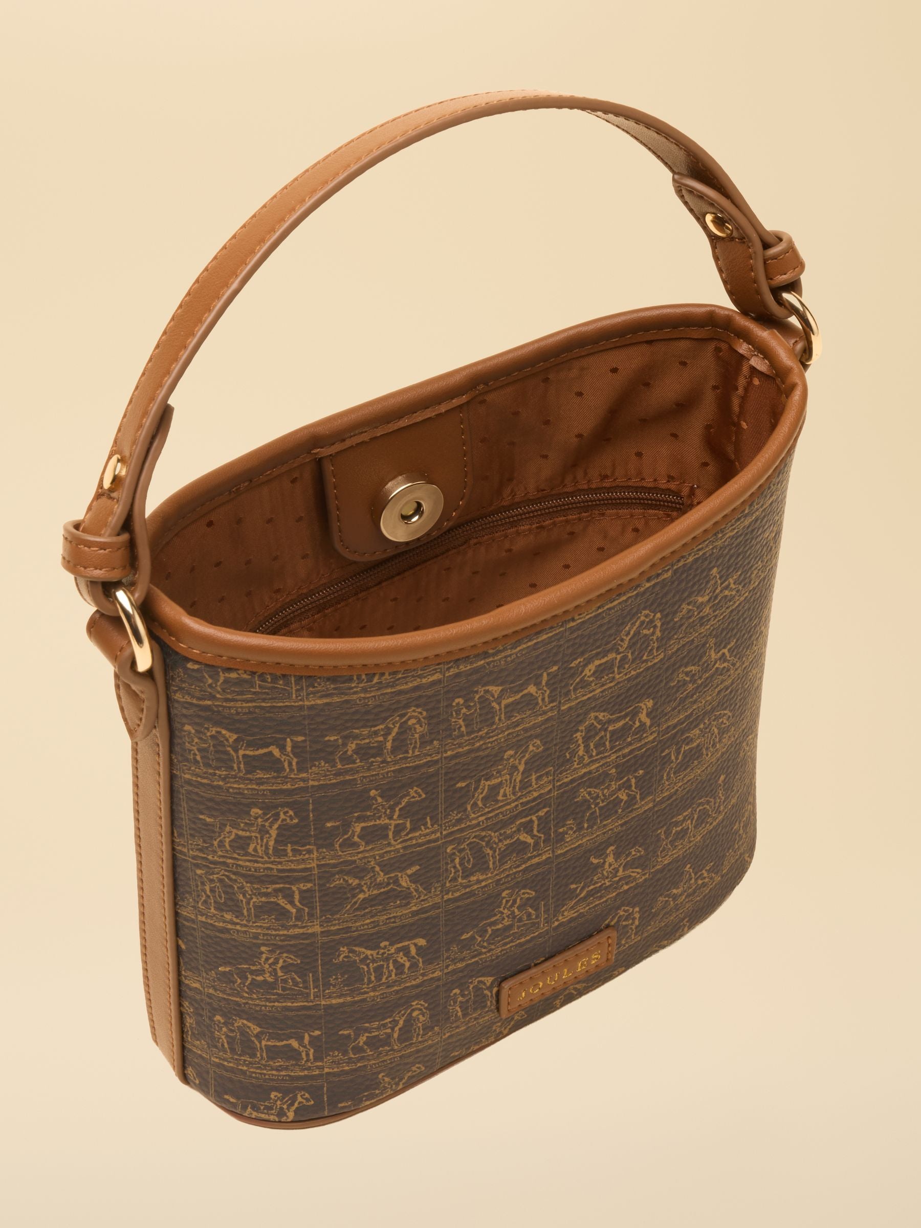 Joules navy and brown horse print bucket bag with top handle and adjustable strap