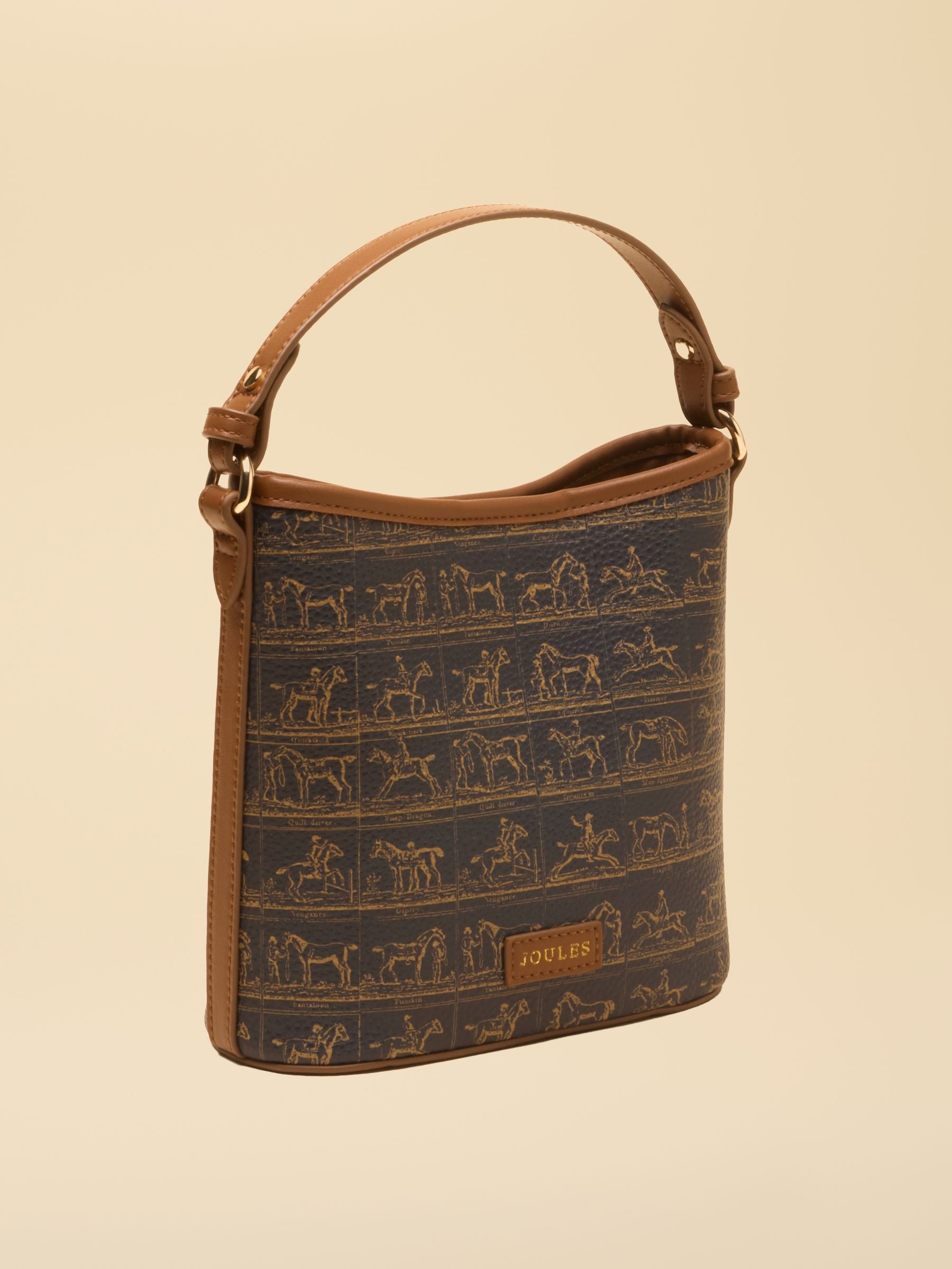 Joules Navy & Brown Horse Print Bucket Bag for Women with Top Handle and Crossbody Strap