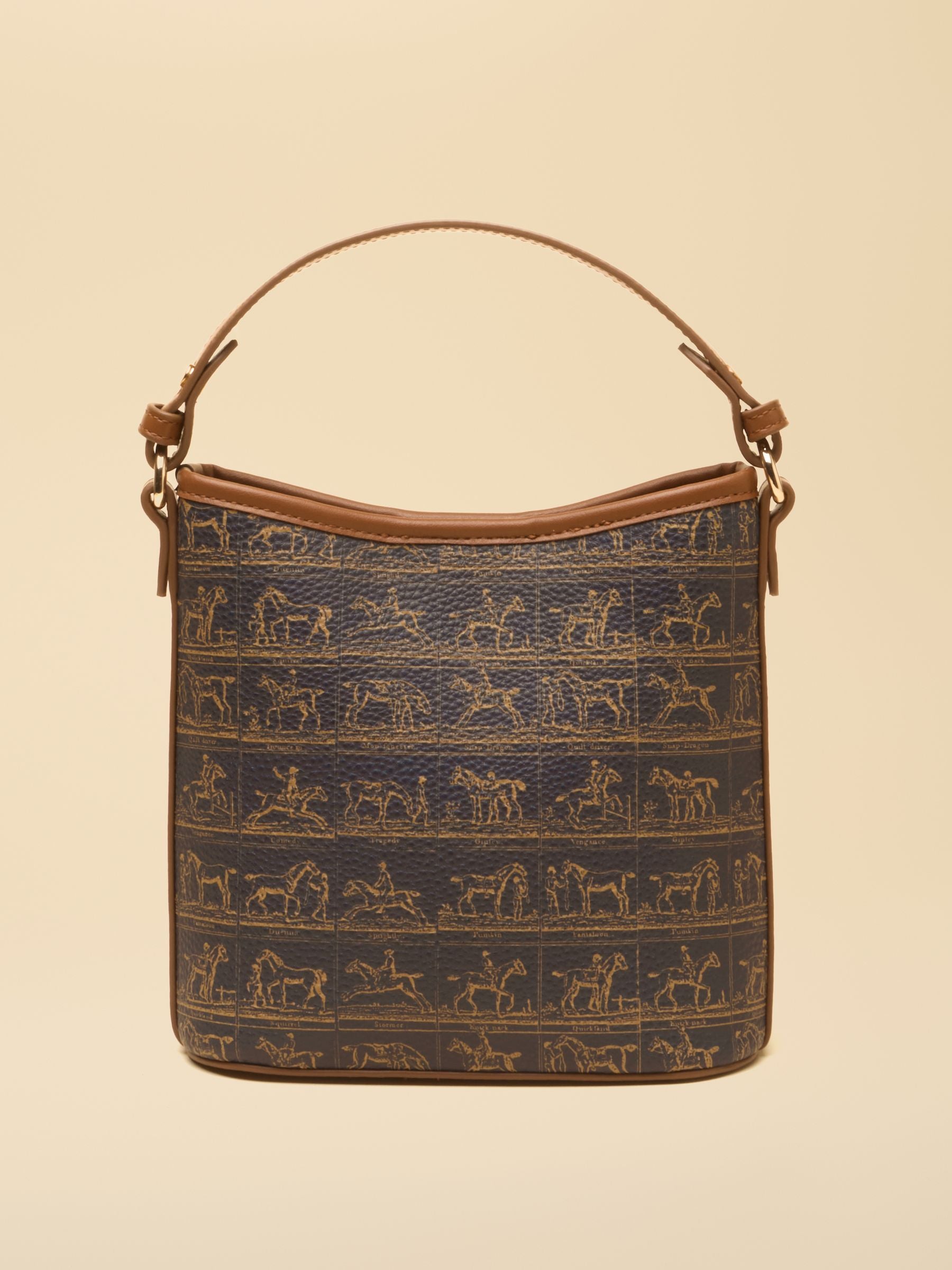 Joules Navy & Brown Horse Print Designer Bucket Bag with Top Handle & Crossbody Strap