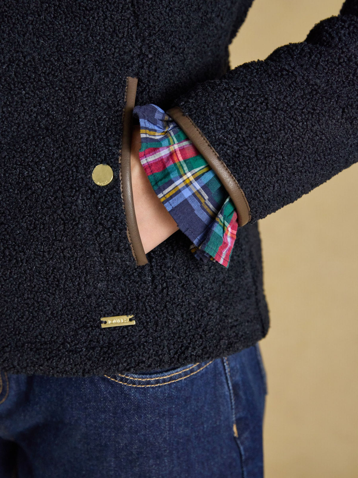 Joules Women's Navy Cozy Borg Fleece Jacket with Plaid Lining